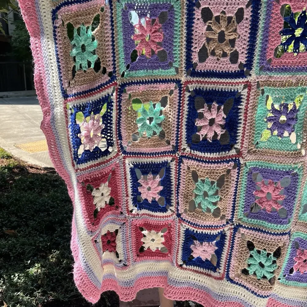 Vintage Granny Square Afghan Blanket Pink Mint Purple Mauve Blue Loose Knit